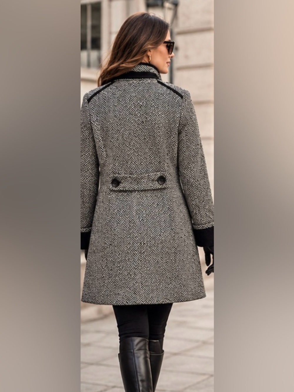 24” ptp Cleo Petite Wool Blend A-Line Coat – Size 14 Petite – Black & Ivory Herr - Picture 2 of 15